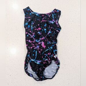 GREAT Foxy Adult Medium Gymnastics Dance Leotard Open Back PAINT SPLATTER Pink